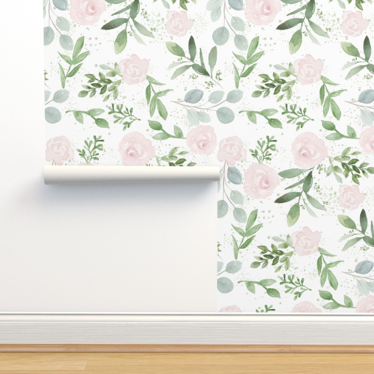 Blush Rose Pink Eucalyptus Flowers Floral Nature Roses Watercolor Custom Removable Wallpaper by Spoonflower Peel & Stick Wallpaper 2FT Wide